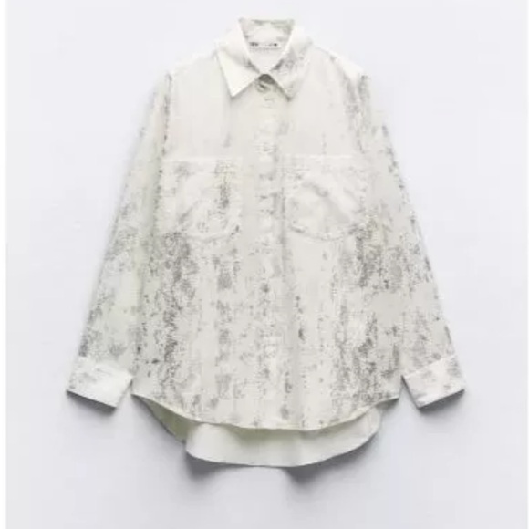 Zara Brushed Silver Metallic Foil White Cotton Button-Up Blouse | S | NWT - Picture 3 of 12